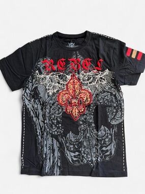 Rebel Spirit Black Tee with Red Fleur-de-Lis Embellishment